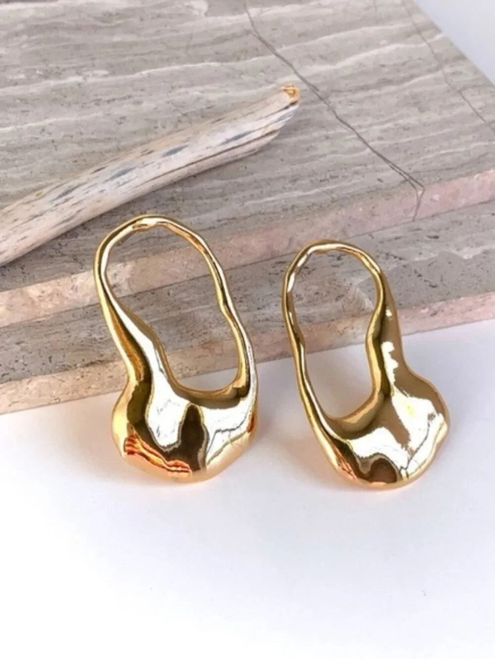 Women's 18K Gold Plated Molten Lava Hoop Earrings Organic Textured Chunky